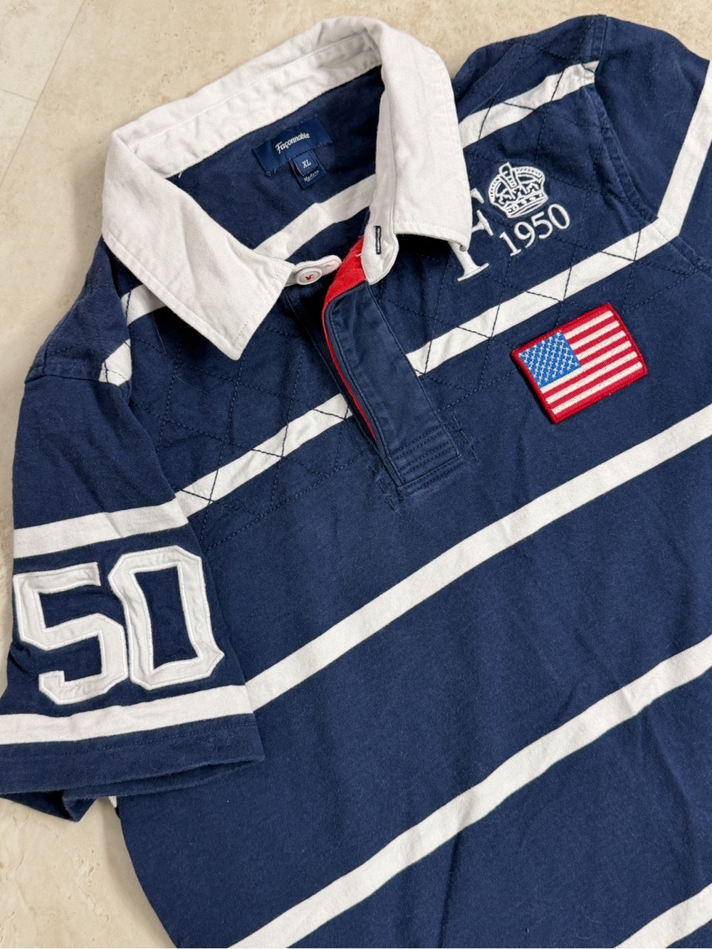 Façonnable XL Rugby Polo Navy Stripe USA Flag Cotton Shirt Preppy Quiet Luxury